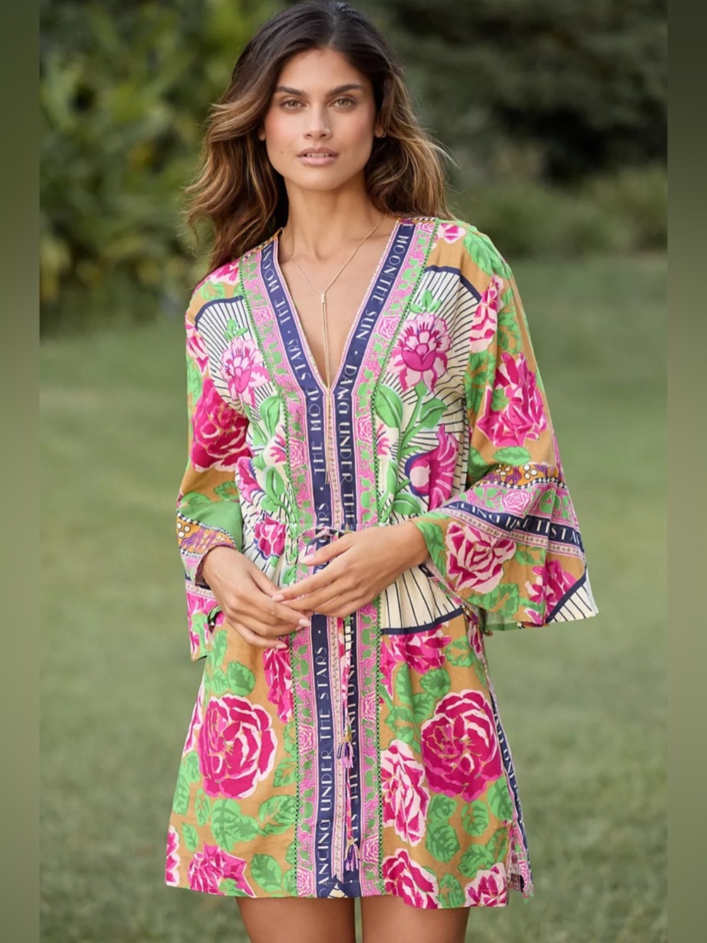 Maaji Cerise Linen Blend Floral Tassel Coverup Dress Size Small Bohemian